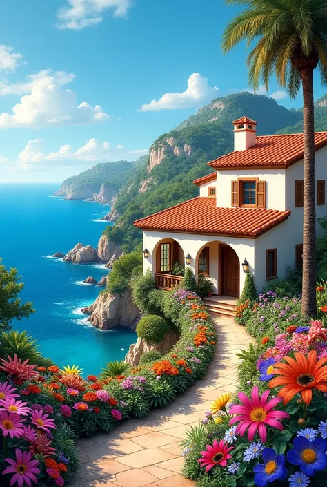 Lots of flowers、Spanish style in a coastal cove、Orange roof house、Cobalt blue sky and sea.  