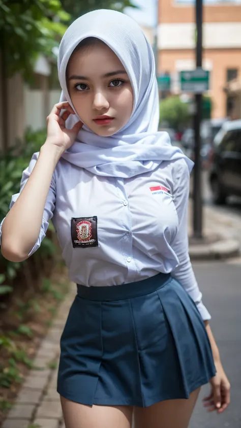 A  18 years old beautiful Indonesian High school girl , (white hijab), young, ((seragamsmahijab)), beautiful, ideal body, wearing a school uniform, 1girl, high school, ((random seductive pose, seductive view)), (detailed face), (detailed body), medium brea...