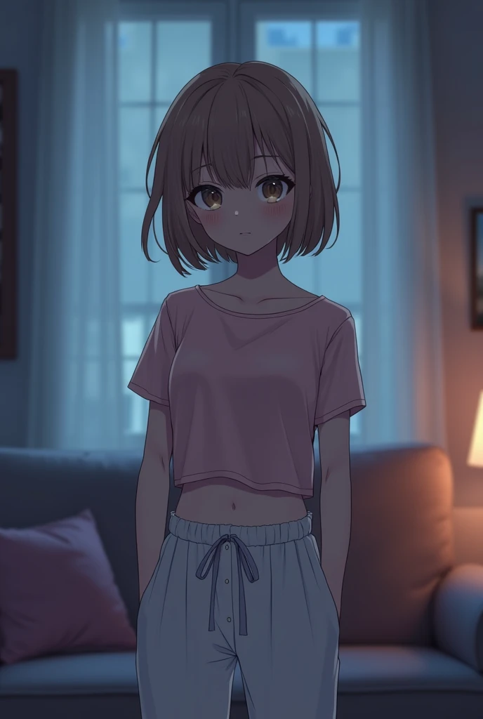 1 girl,  The White Pants  ,  Crop Pastel Sleepwear,  light brown hair , Hime Cut , Look at the audience, Back Living Room . ( slim figure ), Portrait. (nighttime:1.4)