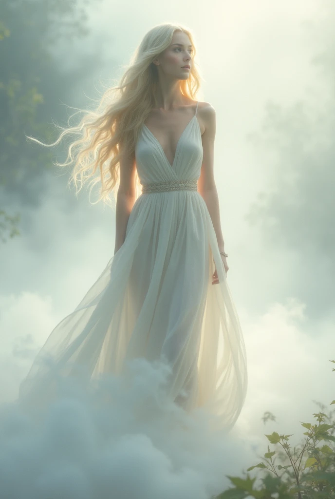  The appearance of a beautiful goddess emerging from within the white fog。Beautiful blonde hair with long hair 。Beautiful face and figure。 Goddess in a white dress 