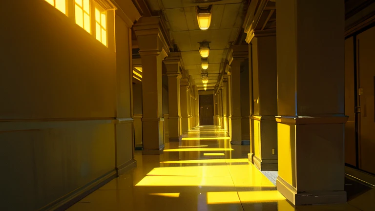 backrooms, liminal Space, suspicious atmosphere , maze like space, Yellow Wall, yellow floor ,  countless fluorescent lights, intricate passageways