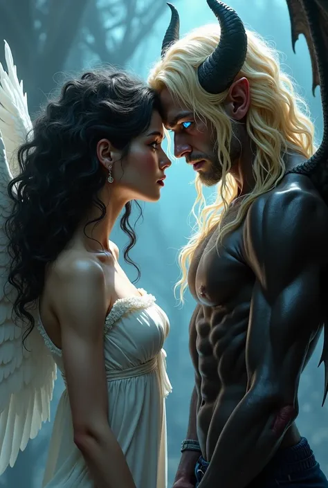 Female angel with black eyes curly hair and demon man with blue eyes with short blond hair... to do