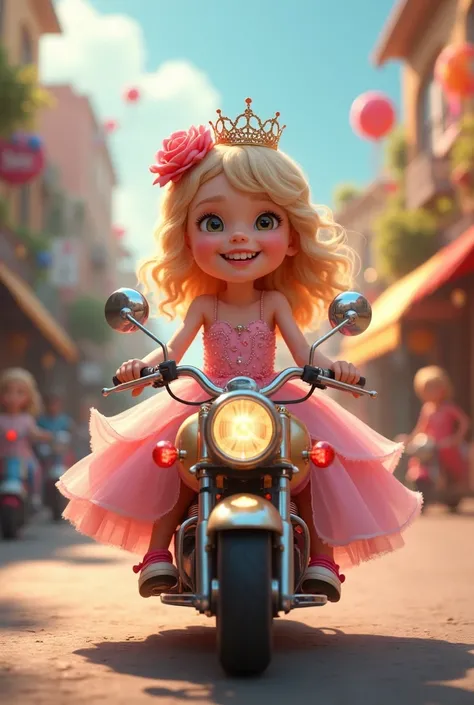 A joyful young girl riding a small, decorated motorcycle, dressed in a gorgeous pink dress with delicate roses. She wears a twinkling crown on her head and her face is glowing with happiness. The background features a vibrant street scene with a playful at...