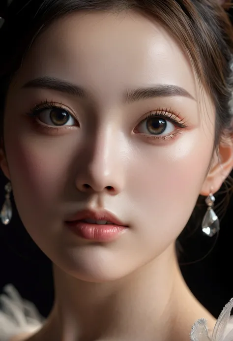 Genius female idol Keiko Dramatic extreme close-up of ballerinas transformation --ballerinas face and upper body filling 95% of frame --half of face still human, half dissolving into shadow --portrait centered and extremely large in frame --intense emotion...