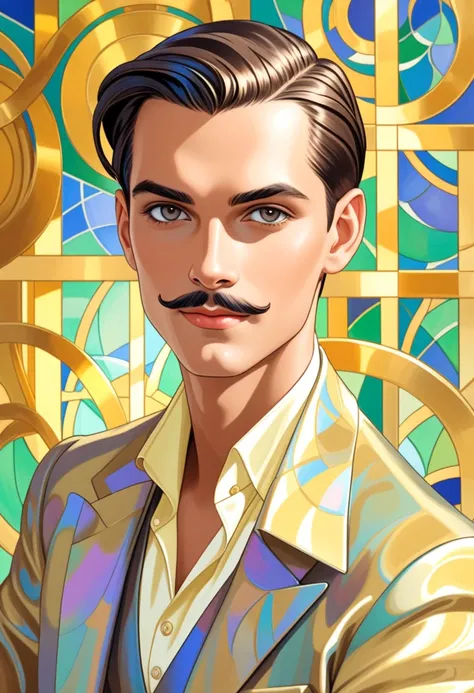 A stunning, elegant latin men in Art Nouveau style,half body photo,sitting,short hair slicked back,rude face , improve,,  half body Gustavo Klimt: Art Nouveau style, George Barbier:  Art-Deco style , paul-klee :  abstract style , better quality,  masterpie...