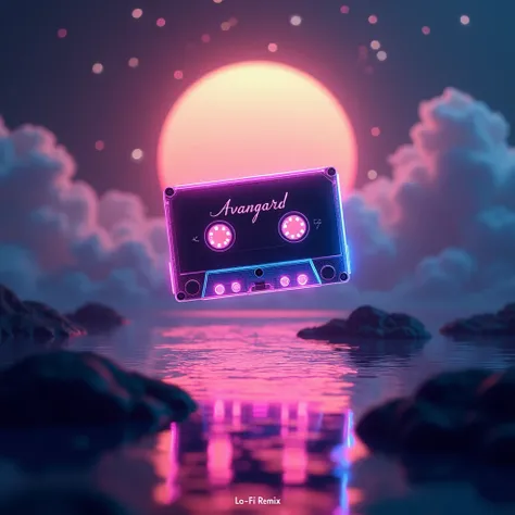  A surreal, futuristic scene where a floating cassette tape with neon glowing edges hovers above a tranquil landscape (e.g., a calm sea at sunset). In the background, include a large moon, softly glowing clouds, and subtle lo-fi-themed elements like headph...