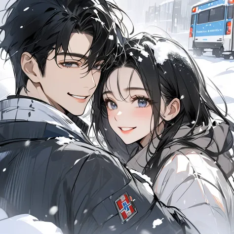   ( top quality , sketch:1.2), art、 black hair,  smiling,A man who is a critical care worker、Im hugging a woman、 Cool Boy 、 The background is snowing and I can see an ambulance、 Looking Back、 face making a call close-up