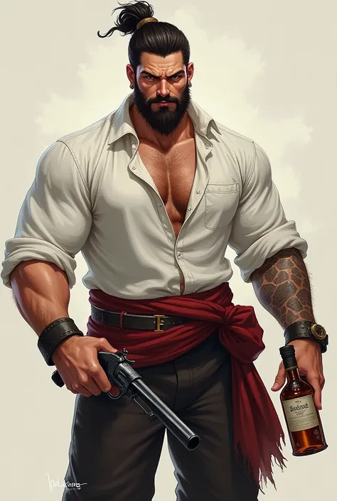 a pirate guy, men bun hair,teenage,facial hair, muscular,giganted muscle,large breast ,one hand holding a Black powder pirate flintlock pistol and another hand hold a bottle of liquor, smirk,เจ้าเล่ห์,เสื้อเชิ๊ตสีขาวเปียกๆ, cool pose,character design,pirat...