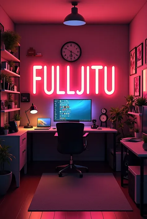 Create a picture of the YouTubers studio room with subtle neon lights, make a statement with bold words "FULLJITU" make sure the text is not misspelled