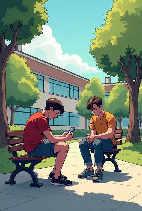 Page 1: (Introduction)

Panel 1:
(Jake sits on a bench in the school quadrangle, staring at his phone. Mark, holding a notebook, walks over.)
Mark: Jake, class ended ten minutes ago. What are you still doing here?

Panel 2:
(Jake hides his phone quickly, l...