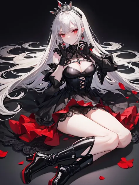 Queen, arrogant, tsundere, black knee high wedding dress, black heeled boots, black wedding headband, silver hair, red eyes, girly, lace gloves, torn clothes, ridicule, full body, lying on the table, black crown, earrings, rings, cream sprinkled on the bod...