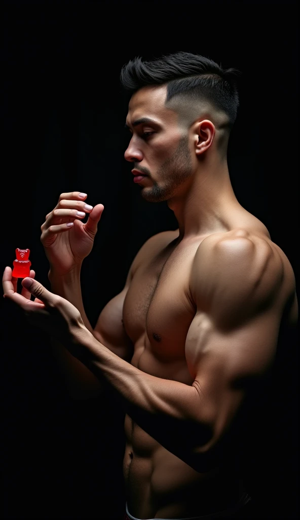 Create a high-quality image for an advertisement featuring a muscular white man with very short, dark hair, seen from the side. He has a strong, well-defined upper body, with his muscles prominently displayed. The man is holding two tiny red gummy bears, e...