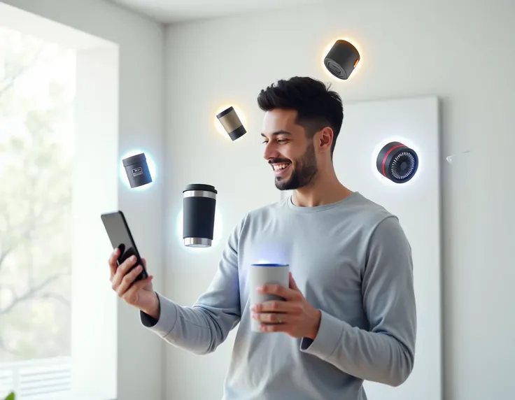 Cheerful Asian Caucasian Man on White Background, holding a smartphone with a screen showing a lively smile. Surrounding him are electrical appliances such as a coffee mug, a yeti cup, a portable fan, Bluetooth headphones, and a Bluetooth speaker. These el...