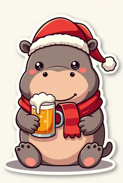 Cute cartoon japanese kawaii pygmy hippo, Sticker style, wear red santa hat, wear Christmas scarf, Hold Beer, party,, light background, look like pygmy hippo moo deng