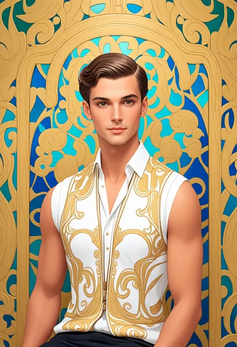 A stunning, elegant latin men in Art Nouveau style,half body photo,sitting,short hair slicked back,rude face , improve,maco,manly,  half body Gustavo Klimt: Art Nouveau style, George Barbier:  Art-Deco style , paul-klee :  abstract style , better quality, ...