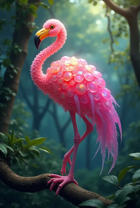 A flamingo bird body full cover with big round colour full Cristal sitting on a branch of tree in the forest