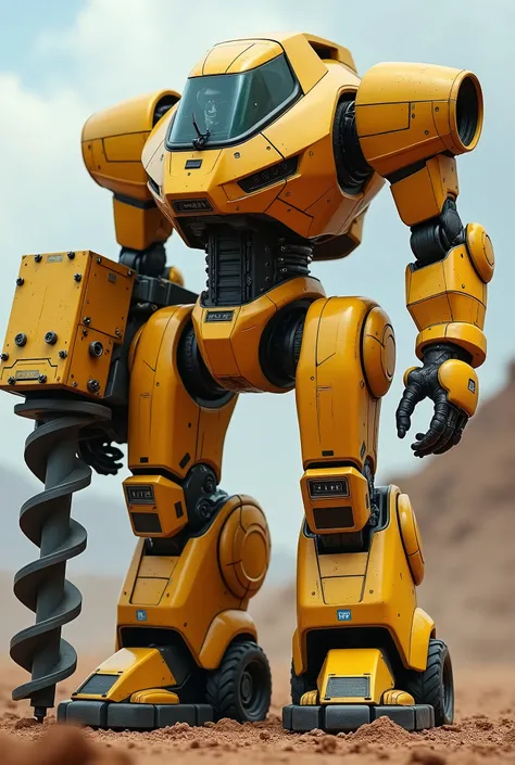 live-action、 real、 humanoid robot like heavy equipment、 yellow design 、 large drill with one hand 、 straight lines、 large cockpit windshield、A pilot wearing a pilot suit is sitting in the cockpit、
