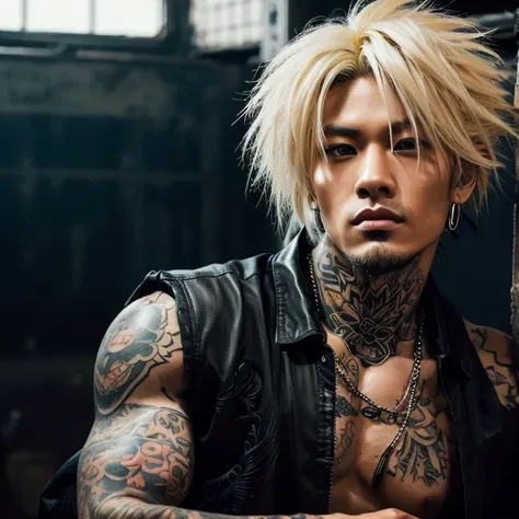 1 man, Japanese man, male, Asian eyes, muscular, broad shoulders, yakuza tattoos, hairstyle Visual Kei style, hair Visual Kei, black mens shirt and black pants, ultra detailed face, hyperrealistic, realistic representation, long hair, long hair, 30 years o...