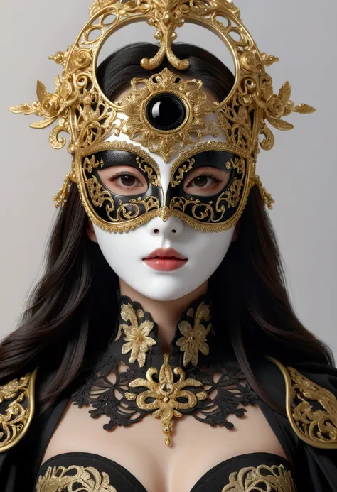 Genius female idol Keiko close-up of mysterious masked figure --masked face and torso dominating 95% of the frame --ornate plague doctor mask with intricate gold filigree fills most of the image --dramatic head-on portrait shot --hands raised near face in ...