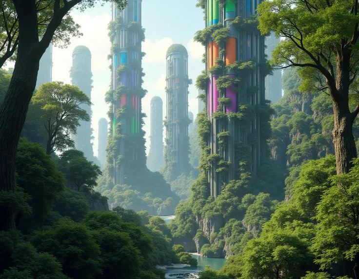 ((forest city)), ((tall Trees)), buildings built with trees besides, ((rainbow leaves)), no plants in the building, tall buildings