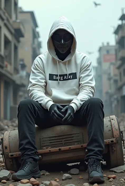 A man wearing a white Hoodie sweater and hacker mask is sitting on top of the destroyed citys backgroun war car,  there is a Bang Azay name logo on a white Hoodie sweater  