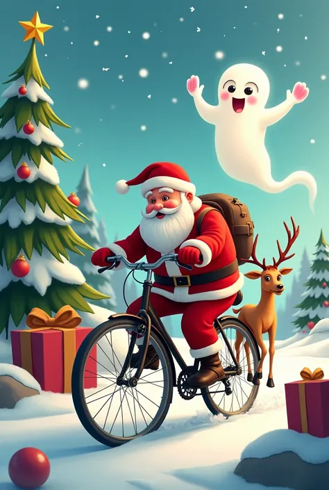 Christmas, Santa riding a bike, theres a deer, theres a Christmas tree, theres a gift, theres a , theres a ghost, theres snow, theres a message.