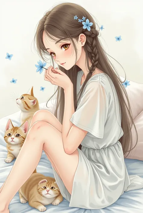 A dainty young woman who holds a dainty flower in her hand and has a small braid on her side in her open hair. blue flower.  sitting on bed  ((detailed graphic )) ((drawn with watercolors )) Gentle Background. She still has baby cats 