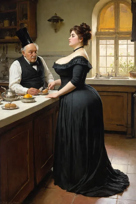 Full body shot of Anastasia Kvitko as a plump voluptuous buxom Victorian widow chatting with an elderly gentleman in the kitchen, by Jean Béraud, inspired by Jean Béraud, inspired by Édouard Detaille, edouard leon cortes, inspired by Ivan Kramskoi, inspire...