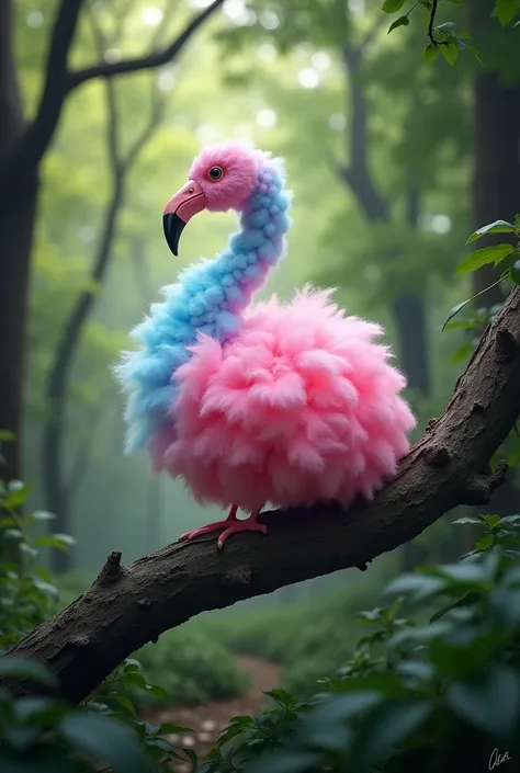 A flamingo bird body full made with big colour full cotton candy sitting on a branch of tree in the forest