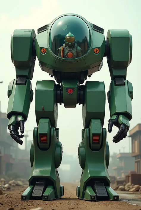 live-action、 real、 humanoid robot like heavy equipment、 MOTH GREEN DESIGN 、LARGE PILE BANKER 、 straight lines、 large cockpit windshield、 PILOT IN A PILOT SUIT、
