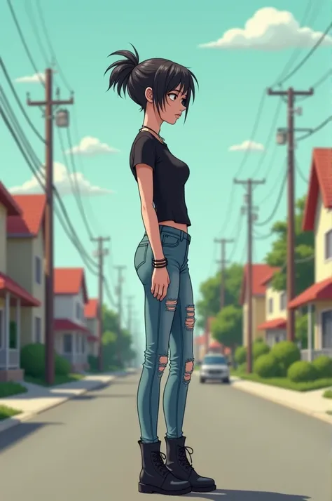  Full body image of a 30-year-old young woman with a slim but slender body wearing a black t-shirt,  distressed blue skinny jeans , leather boots, The woman has short dark hair in a modern punk , white skin thin face ,  her butt is big but not exaggerated ...