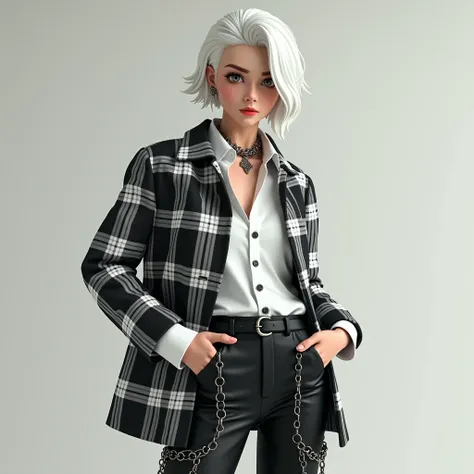 white shirt with caro black white, white hair, black pants with styled chains