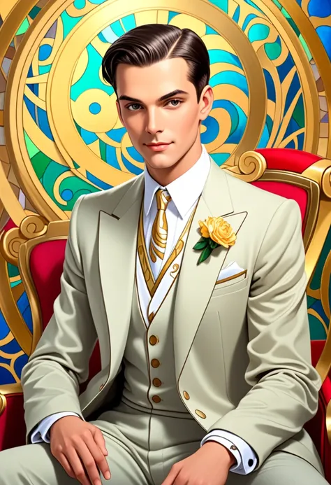 A stunning, elegant latin men in Art Nouveau style,half body photo,sitting,short hair slicked back,rude face , improve,maco,manly,  half body Gustavo Klimt: Art Nouveau style, George Barbier:  Art-Deco style , paul-klee :  abstract style , better quality, ...