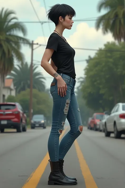 Full body image of a 30-year-old young woman with a slim but slender body wearing a black t-shirt,  distressed blue skinny jeans , leather boots, The woman has short dark hair in a modern punk , white skin thin face ,  her butt is big but not exaggerated ,...