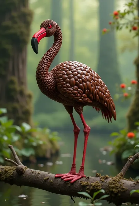 A flamingo bird body full made with chocolate babbles sitting on a branch of tree in the forest