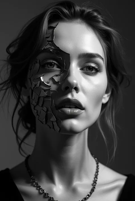 A black and white photo of an elegant woman with her face fragmented into pieces, creating the illusion that she is made out of broken glass. The style should be high contrast and dramatic, with sharp lines and bold shadows to emphasize each piece of shatt...