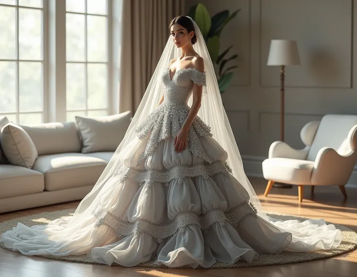 "Design an extravagant silver ball gown featuring intricate shimmering embellishments, an off-shoulder design, and a voluminous layered skirt with dramatic ruffles and pleats. Add a delicate veil flowing gracefully over the model’s shoulders. Position the ...