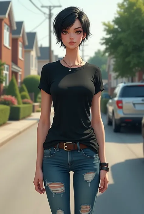 Full body image of a 30-year-old young woman with a slim but slender body wearing a black t-shirt,  distressed blue skinny jeans , leather boots, The woman has short dark hair in a modern punk , white skin thin face ,  her butt is big but not exaggerated ,...