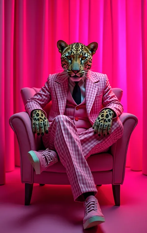 surreal style with vibrant contrast, a leopard in a pink suit with a magenta background, surreal animal portrait art, medium close up view, vibrant colors, striking pose, bold patterns, whimsical attire and animal-human hybrid, high contrast, deep shadows,...