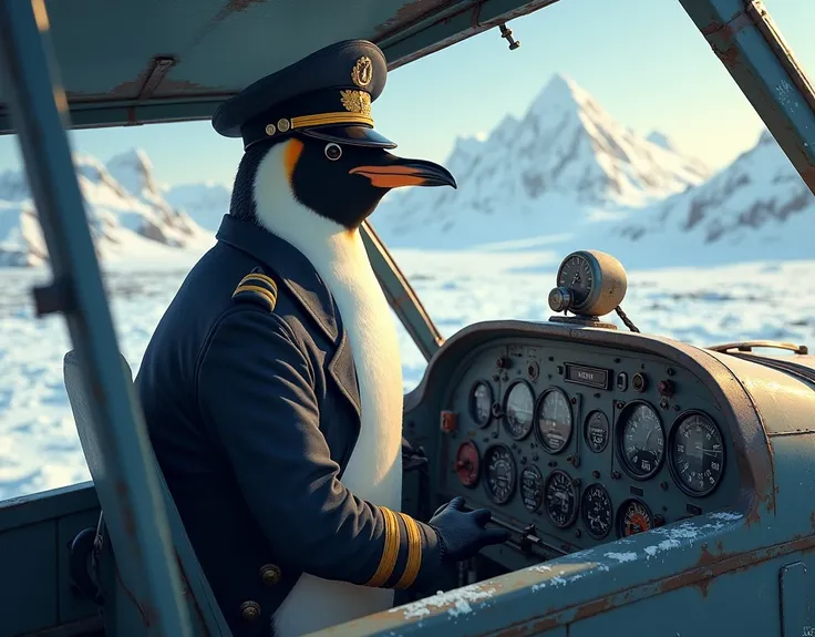 A penguin with a pilot drees and setting in a cockpit of a airoplane. In north pole. 