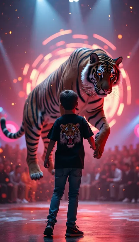 "A captivating scene of a young man on a brightly lit TV show stage, performing a dramatic fusion with a majestic jaguar. The boy is wearing a black T-shirt. The T-shirt has a picture of a tiger. The boy is wearing jeans and black shoes. The tiger looks ve...