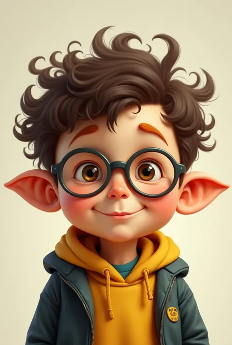 Curly brown hair. A little fat boy (not ugly). Yellow skin. Long ears. Orange eyebrows. Wearing glasses