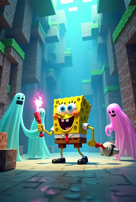 A SpongeBob figure on a Minecraft stage fighting ghosts