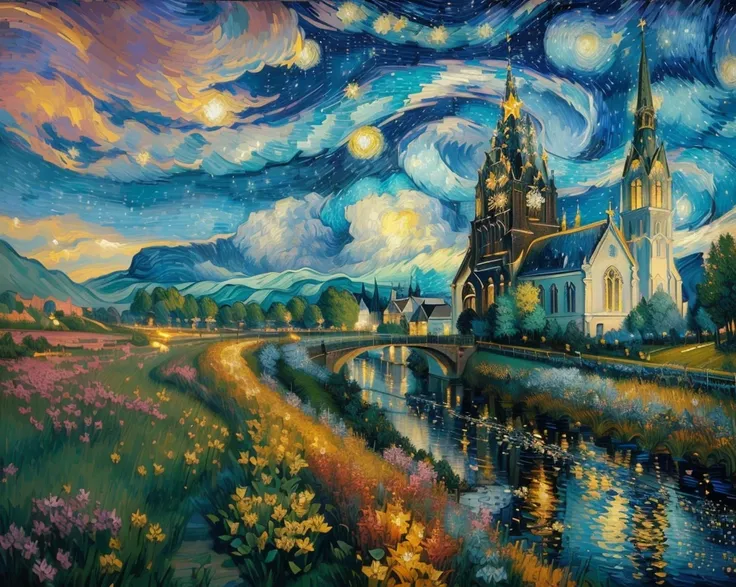  A Church and a River , Painting with twinkling starlight in the sky ,  Baroque Painting . stars light up the sky,  Van Gogh Art Style ,  Van Gogh Style ,  beautiful art uhd 4k ,  Van Gogh Style ,  Fantastic Landscape ,  Tomaskinkade Style  painting, vince...