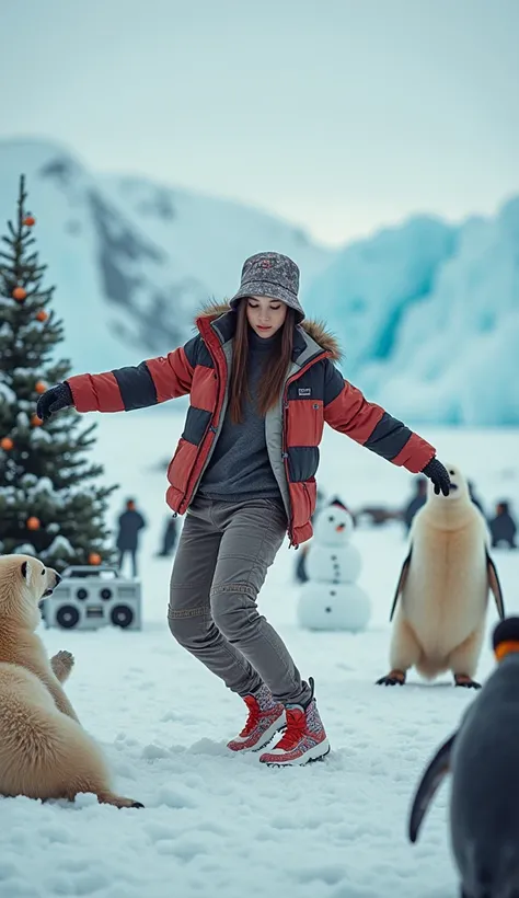 Antarctica、A girl with excellent style is wearing gear and a bucket hat from an unknown sports manufacturer、  dancing breakdancing in front of them and forming a circle  、 Surreal Photography 。Theres a boombox in the corner  。 White Christmas,  An enchanti...