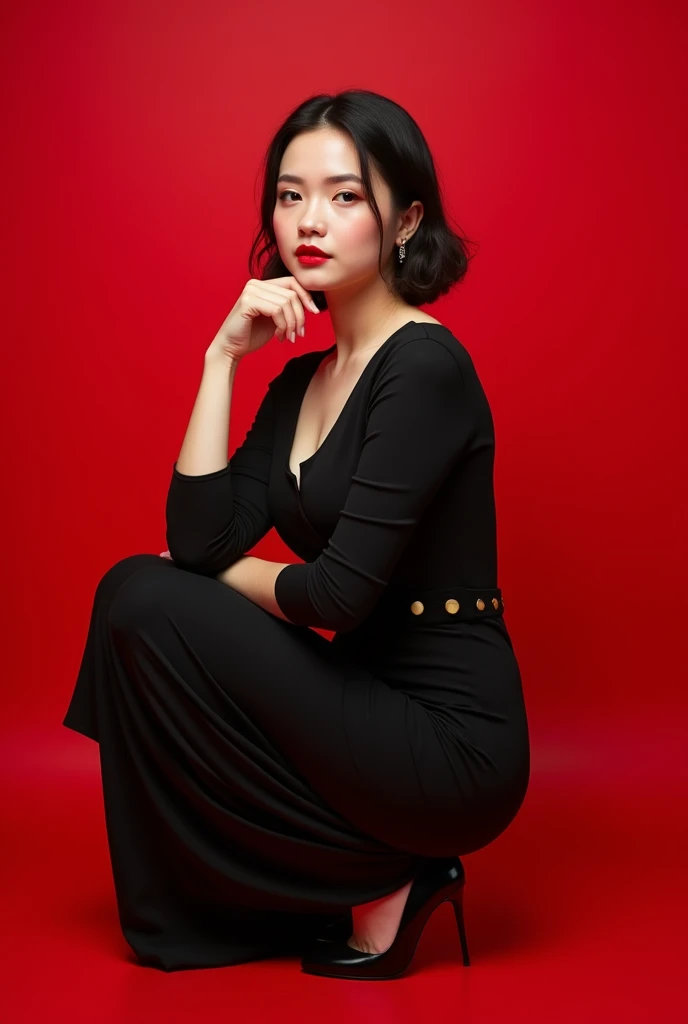 a short-necked girl with big breasts . bottom:  A solid red background that provides a vibrant contrast and highlights the figure of the subject . Subject:  A young woman who is in a squatting position ,  showing confidence and elegance . rostro:  She has ...