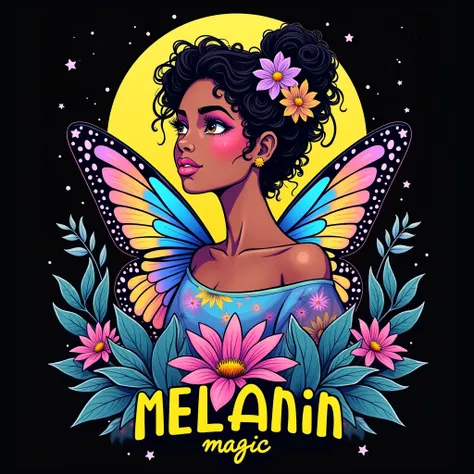 black background,magical,sureal,playful,vibrant colorful pop art T-shirt design feature a young woman with black curly hair styled in a bun, adorned with vibrant flowers in pink, blue, yellow, and purple. She has large expressive eyes with long lashes and ...