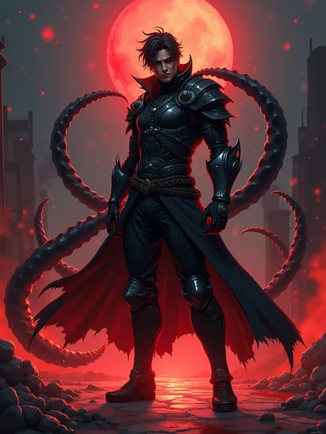 Bloodeyed anime male warrior in a gothic combat suit， strong body， Handsome，Turn sideways，There is a flame under your feet，Standing on the streets of the end ，Twelve giant black tentacles grew from behind him，Horror atmosphere