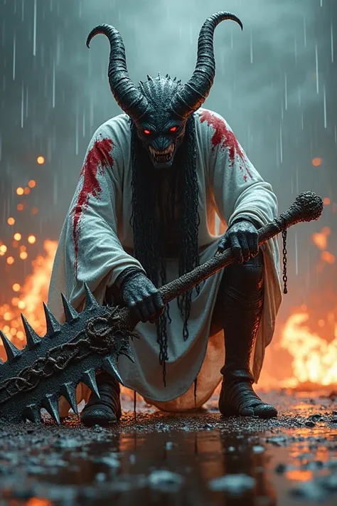 A fierce warrior demon crouching in a powerful stance, holding a massive dark, fiery sword covered in spiked, twisted metal. The demon wears a flowing white robe adorned with dark red and black ink patterns. The scene is dramatic with heavy rain, glowing s...