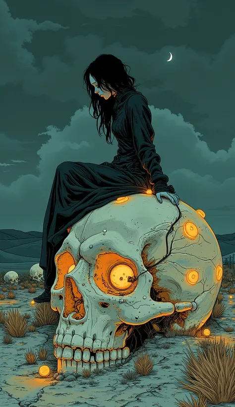   woman sitting on the side of a luminous skull、 Skulls are the only light source、Dark Desert 、Moebiusの絵にインスパイアされたエッチング, hieronymus bosch and Moebius,  Jean Girard and Waterhouse , ( Moebius ), inspired by jean Moebius giraud, in the stlye of Moebius, by ...